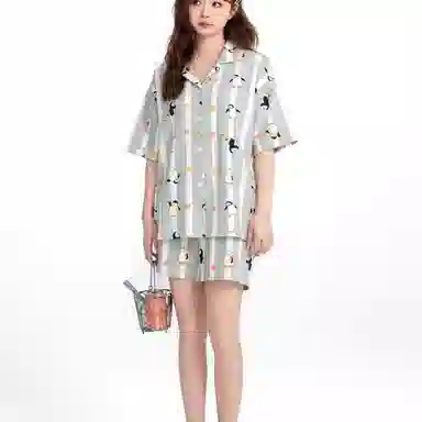 夏芬妍 甜美休闲舒适时尚条纹企鹅纯棉翻领家居服亲肤宽松短袖短裤可外穿睡衣套装 女款 蓝色