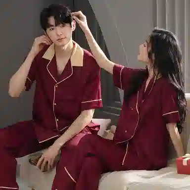 夏芬妍 大红喜庆系列  舒适丝滑柔软结婚本命年翻领丝绸冰丝家居服休闲长袖短袖长裤可外穿睡衣套装 男女同款