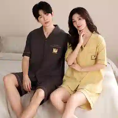 夏芬妍 简约舒适柔软纯色卡通兔子纯棉翻领家居服透气亲肤宽松短袖短裤可外穿睡衣套装 男女同款