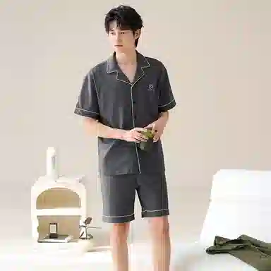 夏芬妍 简约舒适柔软高级感纯色纯棉翻领开衫家居服亲肤休闲短袖短裤时尚可外穿睡衣套装 男款 深灰色