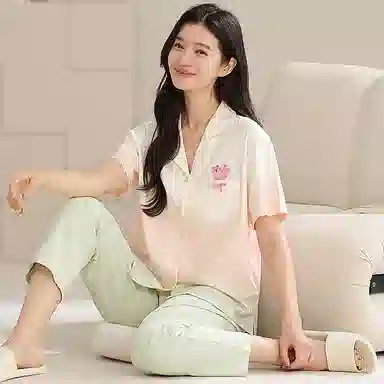 夏芬妍 时尚柔软亲肤爱心渐变色翻领开衫家居服简约休闲舒适短袖长裤可外穿睡衣套装 女款 渐变绿