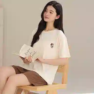 夏芬妍 时尚柔软亲肤纯色圆领家居服简约休闲舒适短袖短裤可外穿睡衣套装 女款 米黄色