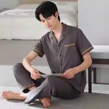 夏芬妍 简约时尚大方柔软舒适纯色字母边翻领家居服亲肤休闲短袖长裤可外穿睡衣套装 男款