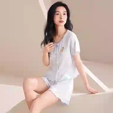 夏芬妍 甜美柔软舒适碎花蝴蝶结卡通圆领带胸垫开衫家居服凉感透气亲肤宽松短袖短裤可外穿睡衣套装 女款 蓝色
