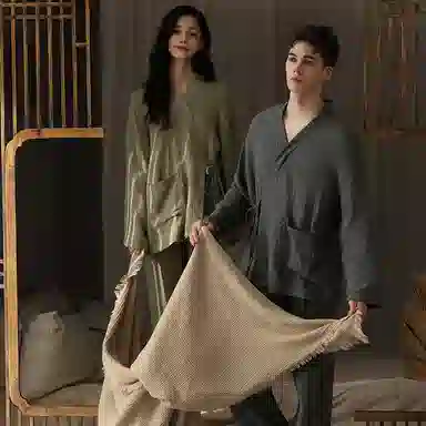 夏芬妍 轻盈舒适柔软侘寂风纯色婴儿棉双层纱开衫家居服休闲亲肤宽松长袖长裤可外穿睡衣套装 男女同款