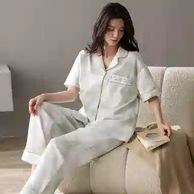 夏芬妍 简约舒适柔软晕染竹子提花纯棉家居服透气亲肤宽松短袖翻领三件套可外穿睡衣套装 女款 淡绿色