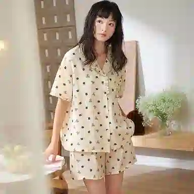 夏芬妍 甜美柔软舒适碎花蝴蝶结花边云朵棉翻领家居服亲肤休闲短袖短裤可外穿睡衣套装 女款 杏色