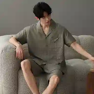 夏芬妍 简约舒适柔软字母提花云朵棉翻领开衫家居服亲肤休闲短袖短裤时尚可外穿睡衣套装 男款 橄榄绿