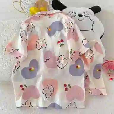 夏芬妍 柔软舒适爱心萌兔云朵棉开衫家居服亲肤休闲短袖短裤时尚可外穿睡衣套装 女款 粉色