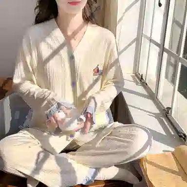 夏芬妍 甜美休闲舒适可爱腊肠狗提花开衫家居服亲肤宽松长袖长裤时尚可外穿睡衣套装 女款 杏色