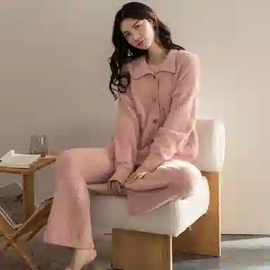 夏芬妍 时尚半边绒家居服开衫保暖蓄温舒适长袖长裤可外穿睡衣套装 女款 粉色