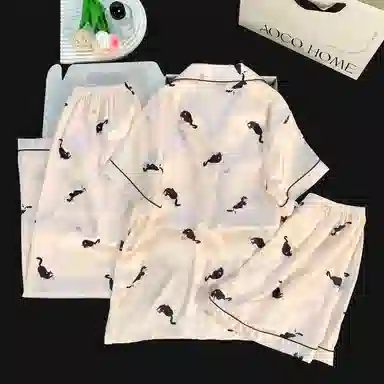 夏芬妍 甜美休闲高级感可爱小猫冰丝翻领带胸垫家居服舒适亲肤宽松短袖三件套可外穿睡衣套装 女款 粉色
