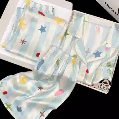 夏芬妍 甜美休闲舒适条纹星星小狗冰丝家居服亲肤宽松短袖短裤长裤时尚可外穿睡衣套装 女款