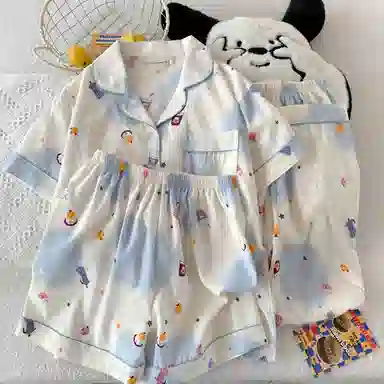 夏芬妍 柔软舒适卡通云朵棉翻领开衫家居服亲肤休闲短袖三件套时尚可外穿睡衣套装 女款 蓝色