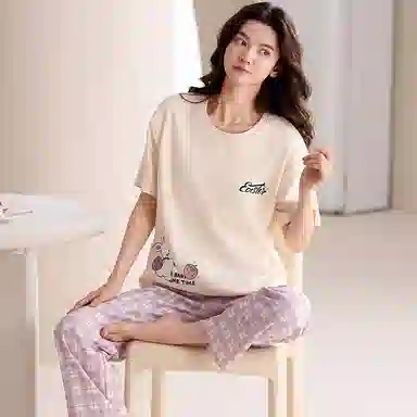 夏芬妍 简约舒适柔软复古格子草莓兔纯棉家居服透气亲肤宽松短袖圆领套头三件套可外穿睡衣套装 女款 紫色