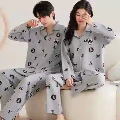 夏芬妍 时尚休闲舒适字母法斗翻领家居服亲肤宽松长袖长裤可外穿睡衣套装 男女同款 灰色