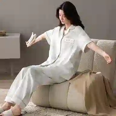 夏芬妍 简约舒适柔软晕染竹子提花纯棉家居服透气亲肤宽松短袖翻领三件套可外穿睡衣套装 女款 淡绿色