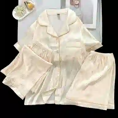 夏芬妍 简约休闲高级感山茶花冰丝翻领带胸垫家居服舒适亲肤宽松长袖长裤可外穿睡衣套装 女款 杏色