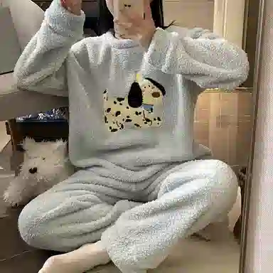 夏芬妍 简约甜美风可爱斑点狗圆领亲肤休闲舒适长袖长裤可外穿睡衣套装 女款 蓝色