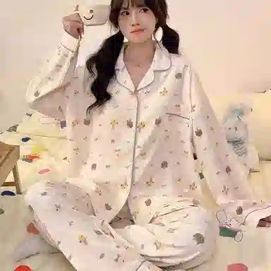 夏芬妍 柔软舒适萌狗乐园云朵棉开衫家居服亲肤休闲长袖长裤可外穿春秋款睡衣套装 女款 杏色