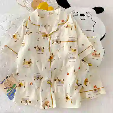 夏芬妍 柔软舒适欢乐腊肠狗云朵棉翻领开衫家居服亲肤休闲短袖短裤可外穿睡衣套装 女款 杏色