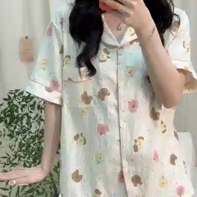 夏芬妍 柔软舒适戴帽小狗云朵棉翻领开衫家居服亲肤休闲短袖三件套时尚可外穿睡衣套装 女款 杏色