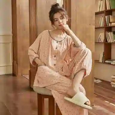 夏芬妍 甜美舒适爱心满印云朵棉带胸垫休闲圆领七分袖开衫家居服宽松可外穿睡衣套装 女款