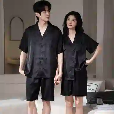 夏芬妍 简约高级感舒适凉感提花缎面冰雪丝翻领家居服亲肤休闲短袖短裤时尚可外穿夏季薄款睡衣套装 男女同款 黑色