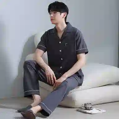 夏芬妍 简约舒适凉感休闲亲肤短袖长裤时尚可外穿翻领纯色家居服睡衣套装 男款