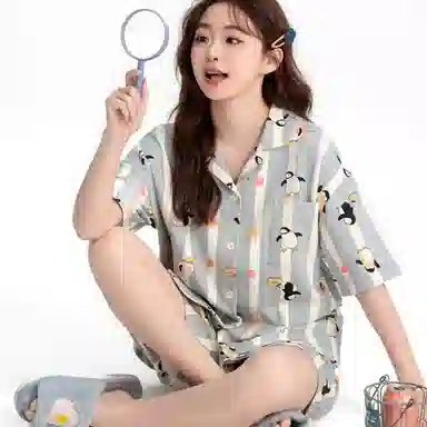 夏芬妍 甜美休闲舒适时尚条纹企鹅纯棉翻领家居服亲肤宽松短袖短裤可外穿睡衣套装 女款 蓝色