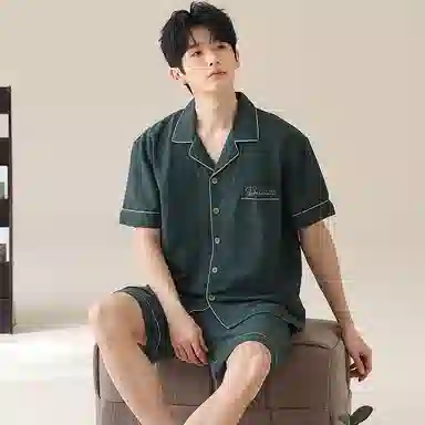 夏芬妍 简约舒适柔软翻领家居服亲肤休闲短袖上衣可外穿五分裤睡衣套装 男款 墨绿色