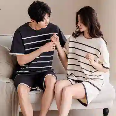 夏芬妍 柔软舒适休闲圆领经典条纹纯棉短袖短裤时尚可外穿家居服 睡衣套装 男女同款