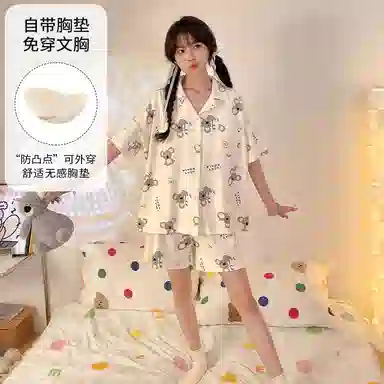 夏芬妍 柔软舒适卡通考拉翻领开衫家居服亲肤短袖短裤休闲带胸垫可外穿睡衣套装 女款