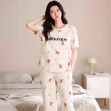 夏芬妍 简约舒适柔软碎花小熊纯棉家居服透气亲肤宽松短袖圆领套头三件套可外穿睡衣套装 女款 杏色
