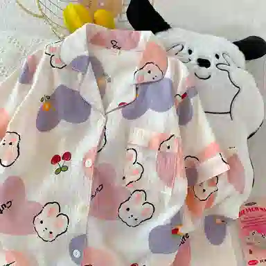 夏芬妍 柔软舒适爱心萌兔云朵棉开衫家居服亲肤休闲短袖短裤时尚可外穿睡衣套装 女款 粉色