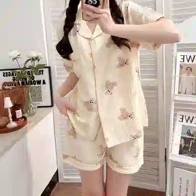 夏芬妍 柔软舒适可爱小熊翻领开衫家居服亲肤休闲短袖短裤可外穿睡衣套装 女款