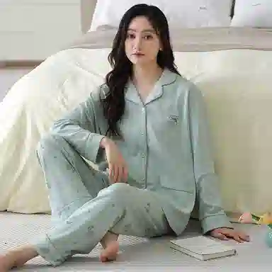 夏芬妍 休闲舒适简约高级感印花经典翻领开衫家居服柔软亲肤长袖长裤可外穿睡衣套装 女款 蓝色