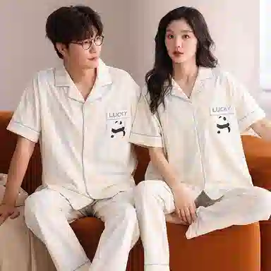 夏芬妍 柔软舒适条纹熊猫纯棉翻领家居服休闲舒适短袖短裤时尚可外穿 睡衣套装 男女同款