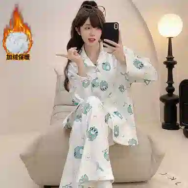 夏芬妍 舒适亲肤小青蛙满印德绒家居服加绒加厚保暖蓄温长袖长裤可外穿秋冬款睡衣礼盒 女款 白绿色
