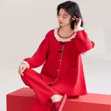 夏芬妍 亲肤舒适蕾丝花边拼接蝴蝶结纯棉家居服简约休闲长袖长裤可外穿喜庆本命年睡衣套装 女款 红色