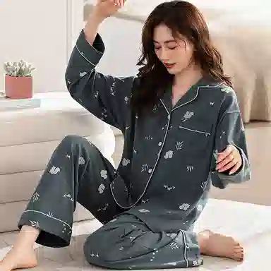 夏芬妍 亲肤舒适翻领家居服简约休闲长袖长裤可外穿睡衣套装 女款 藏蓝色