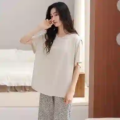 夏芬妍 柔软亲肤透气纯棉圆领家居服舒适休闲凉感简约短袖七分裤可外穿夏季睡衣套装 女款