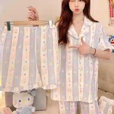 夏芬妍 柔软舒适条纹郁金香碎花云朵棉翻领开衫带胸垫家居服亲肤休闲短袖三件套时尚可外穿睡衣套装 女款 淡蓝色