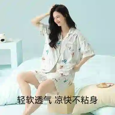 夏芬妍 柔软舒适透气亲肤童趣小狗印花翻领家居服休闲宽松凉感短袖时尚可外穿睡衣套装 女款 蓝色