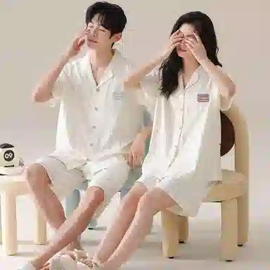 夏芬妍 简约休闲简约条纹云朵棉翻领舒适亲肤宽松短袖短裤时尚可外穿家居服睡衣套装 男女同款 杏色