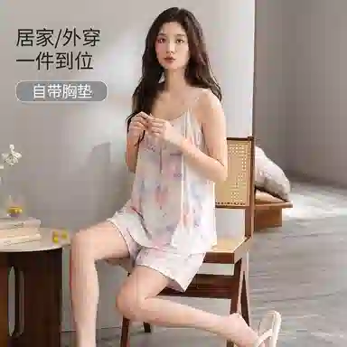 夏芬妍 甜美多巴胺晕染舒适亲肤宽松凉感吊带短裤休闲带胸垫可外穿家居服睡衣套装 女款
