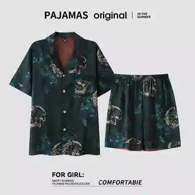夏芬妍 高级感轻奢复古祥云印花冰雪丝翻领舒适家居服休闲短袖短裤凉感时尚可外穿夏季睡衣套装 男款