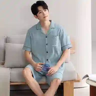 夏芬妍 简约舒适纯色纯棉翻领家居服亲肤宽松休闲短袖短裤长裤三件套时尚可外穿睡衣套装 男款 青蓝色