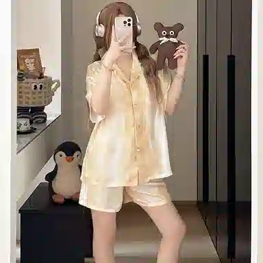 夏芬妍 休闲舒适高级感晕染冰丝翻领家居服亲肤宽松短袖短裤长裤时尚可外穿夏季睡衣套装 女款