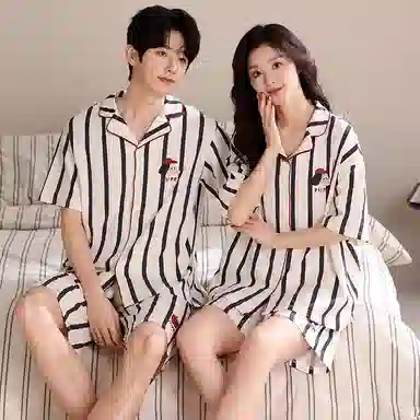 夏芬妍 简约舒适柔软条纹纯棉翻领家居服透气亲肤宽松短袖短裤可外穿睡衣套装 男女同款 杏色